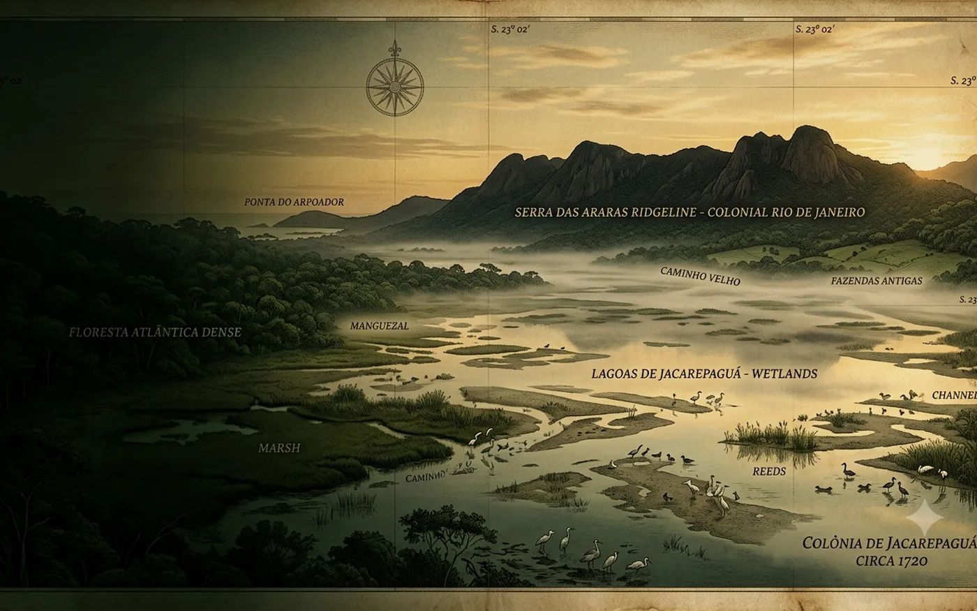 Ilustração — a colônia de Jacarepaguá por volta de 1720, antes de qualquer loteamento